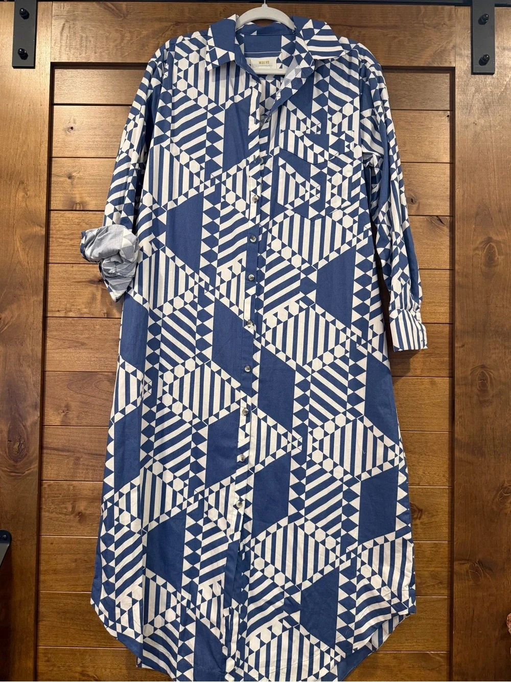 Anthropologie Maeve SOREN Blue and Cream Geometric Button-Up Dress - NWOT - Picture 2 of 3